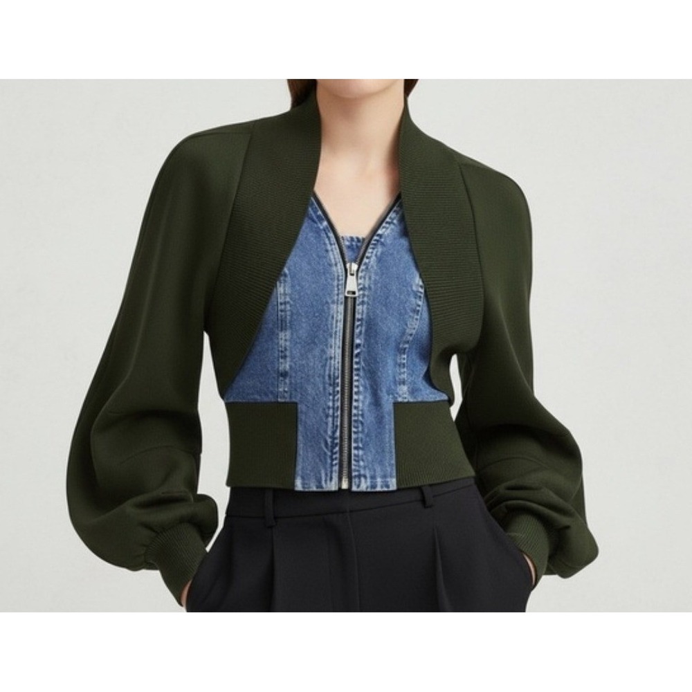 Commense Puff-Sleeve Denim Panel Slim Jacket Black Blue Cropped Size M NEW